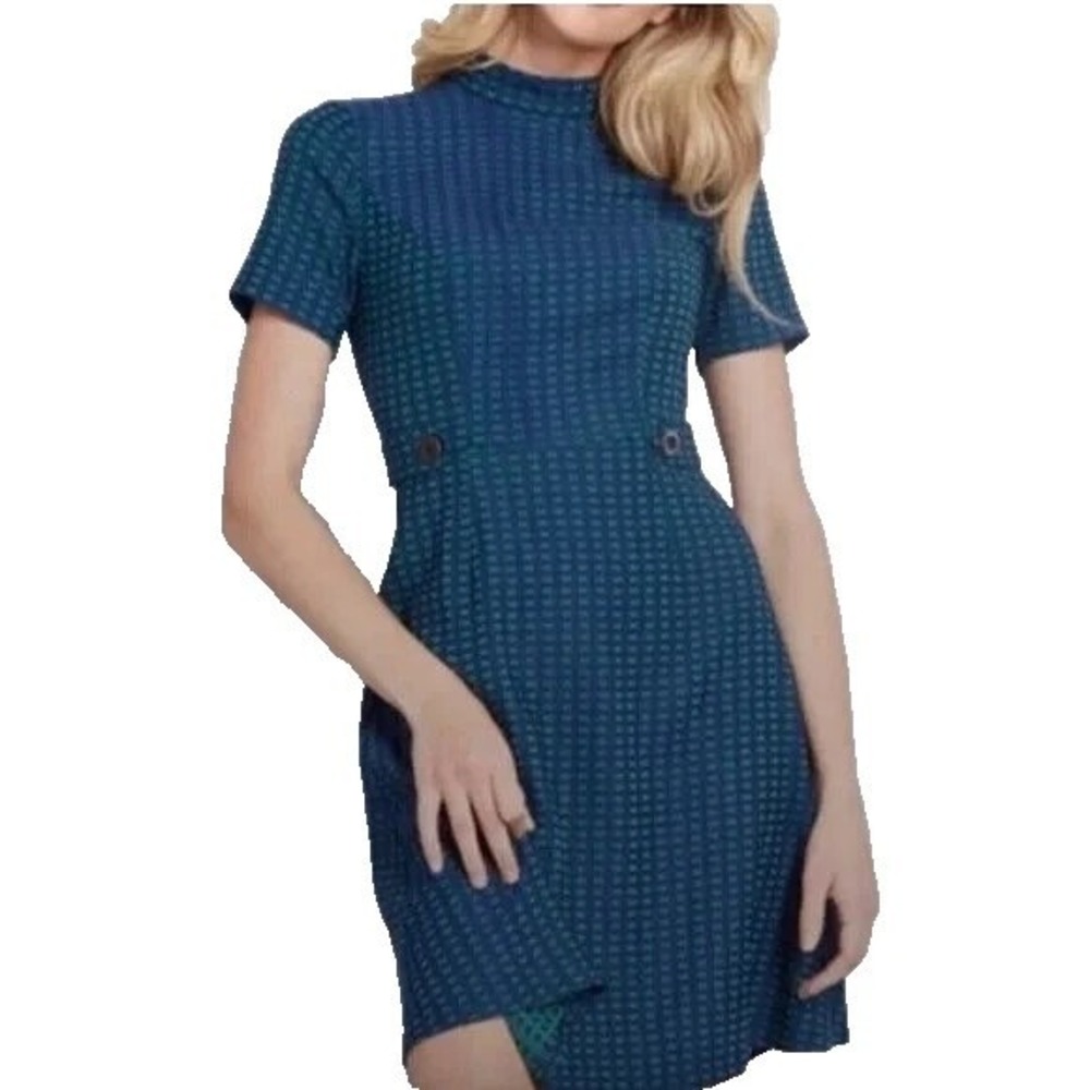 Modcloth Women's XS Sheath Dress Geometric Short Sleeve Mock Neck Retro